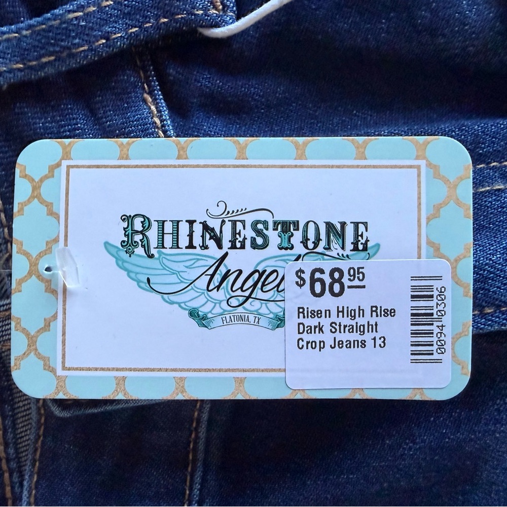 NWT RISEN High-Rise Crop Straight Jeans w/ Distressed Raw Hem Dark Blue 13/31 - Picture 13 of 16